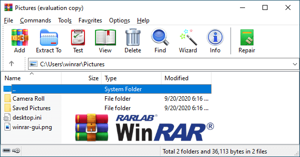 WinRAR 7.20 main interface window showing file compression and archive management panel